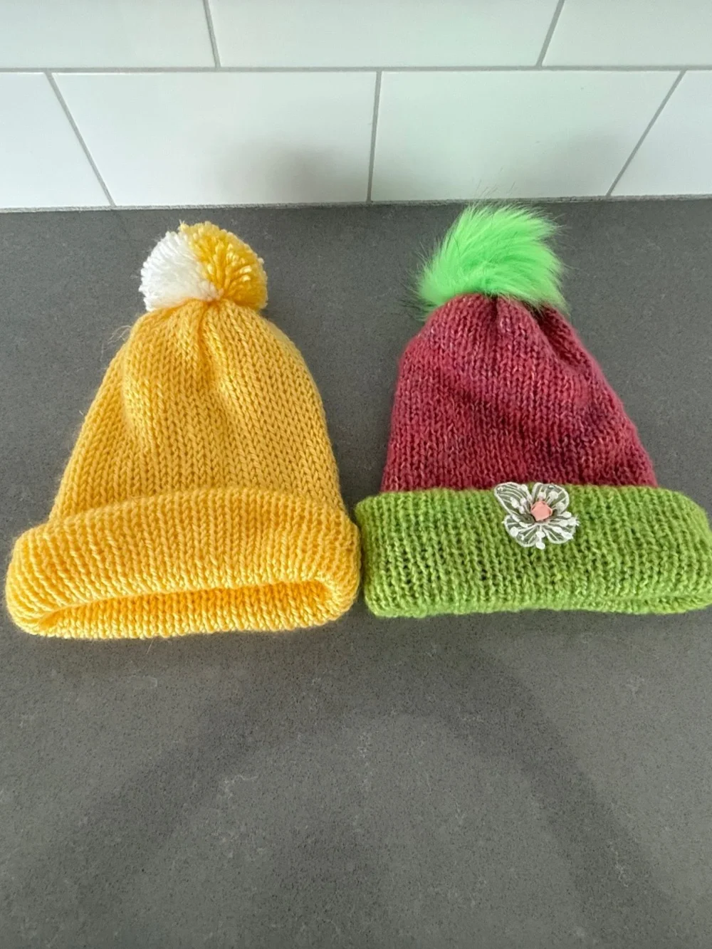 2 Little Girl Handmade Knit Beanie Hats-Barely worn